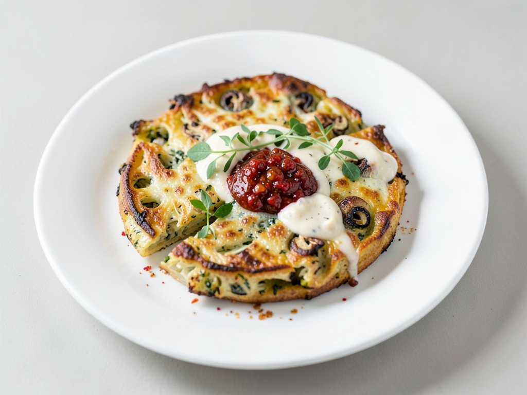 Frittata de coliflor al horno con chutney de pimiento y aceitunas y mayonesa de pimiento casera