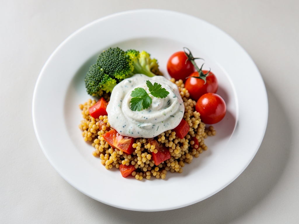 Chou-fleur braisé avec couscous au curry fruité et sauce crémeuse au yaourt aux herbes