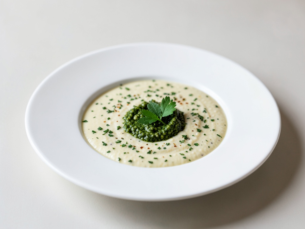 Sopa cremosa de coliflor con pesto de hierbas frescas