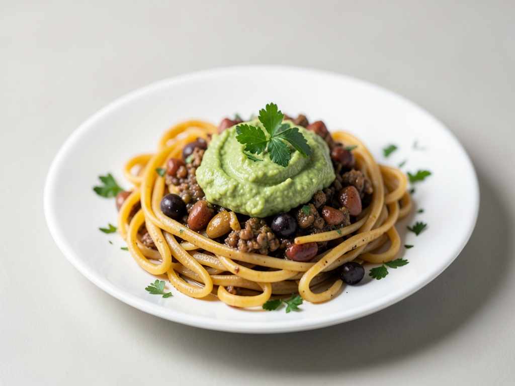 Olla de judías y pasta con dip de aguacate