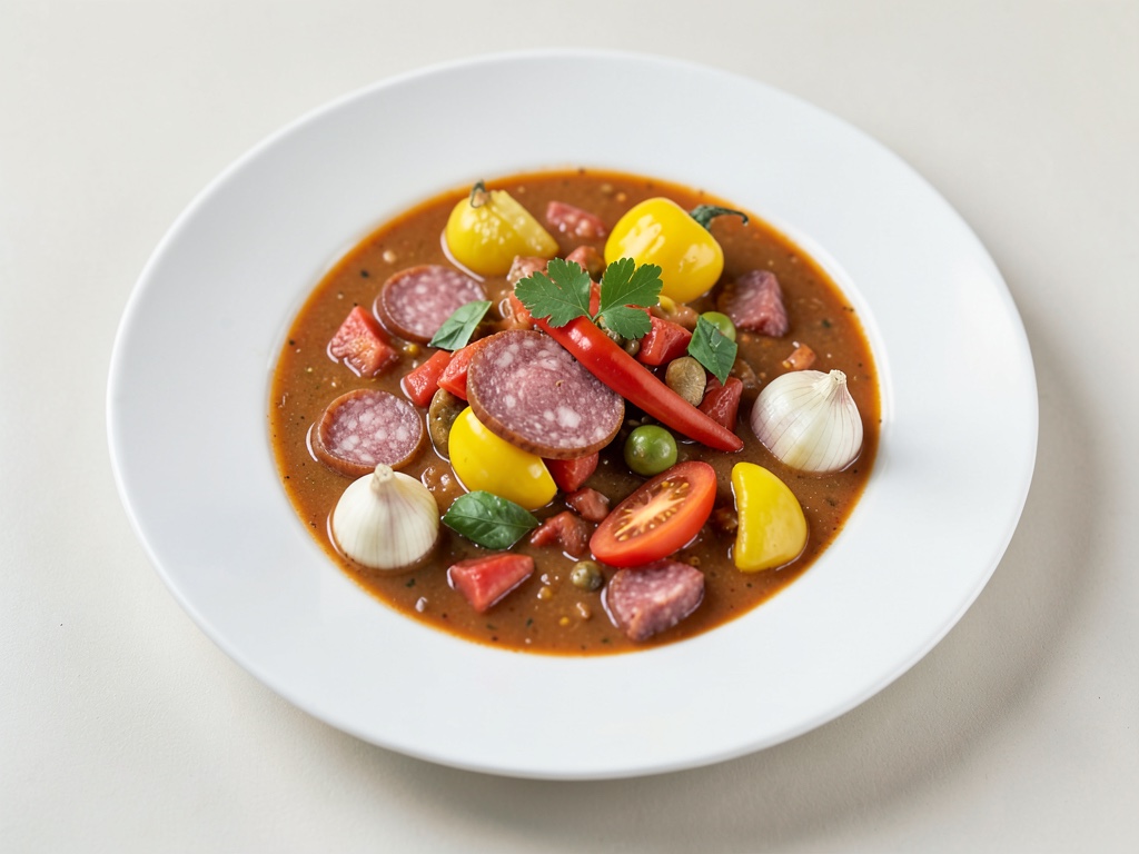 Sopa sabrosa de judías y tomate con salami