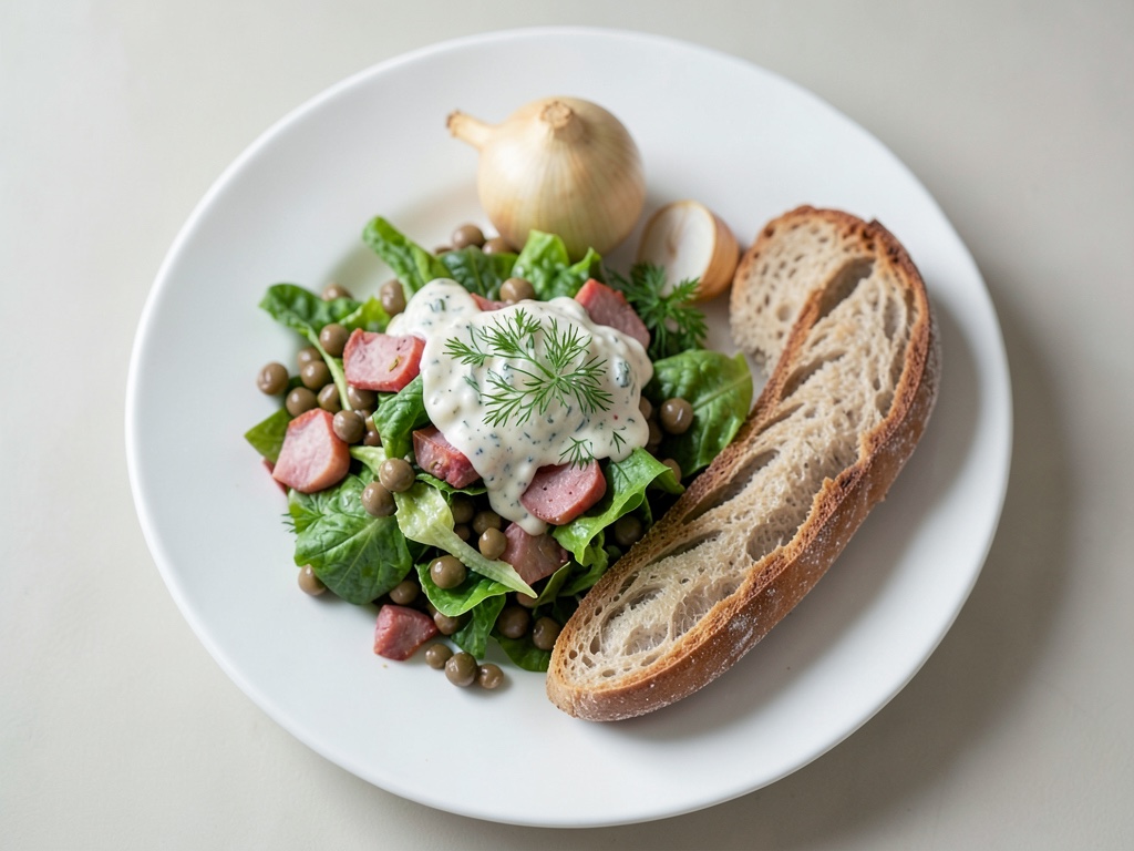 Baguette croccante con insalata di fagioli, prosciutto e condimento francese