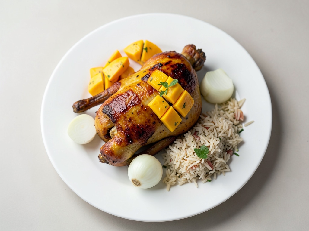 Pollo brasiliano con chutney di mango e riso al cocco