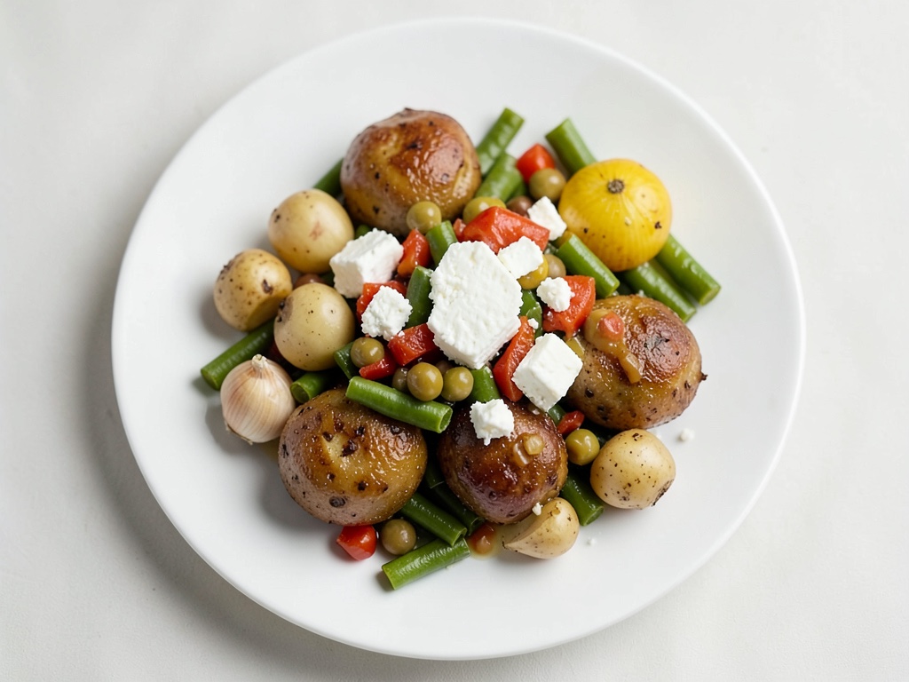 Patate fritte con verdure di fagioli e pomodori e feta