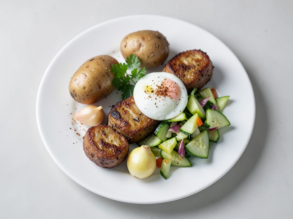 Knusprige Bratkartoffeln mit Spiegelei und frischem Gurkensalat