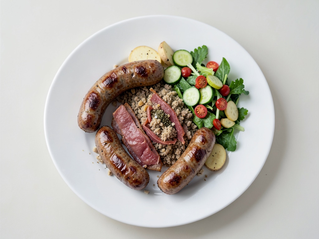 Salsicce con purè di patate croccante al bacon e insalata di cavolo rapa e cetriolo croccante