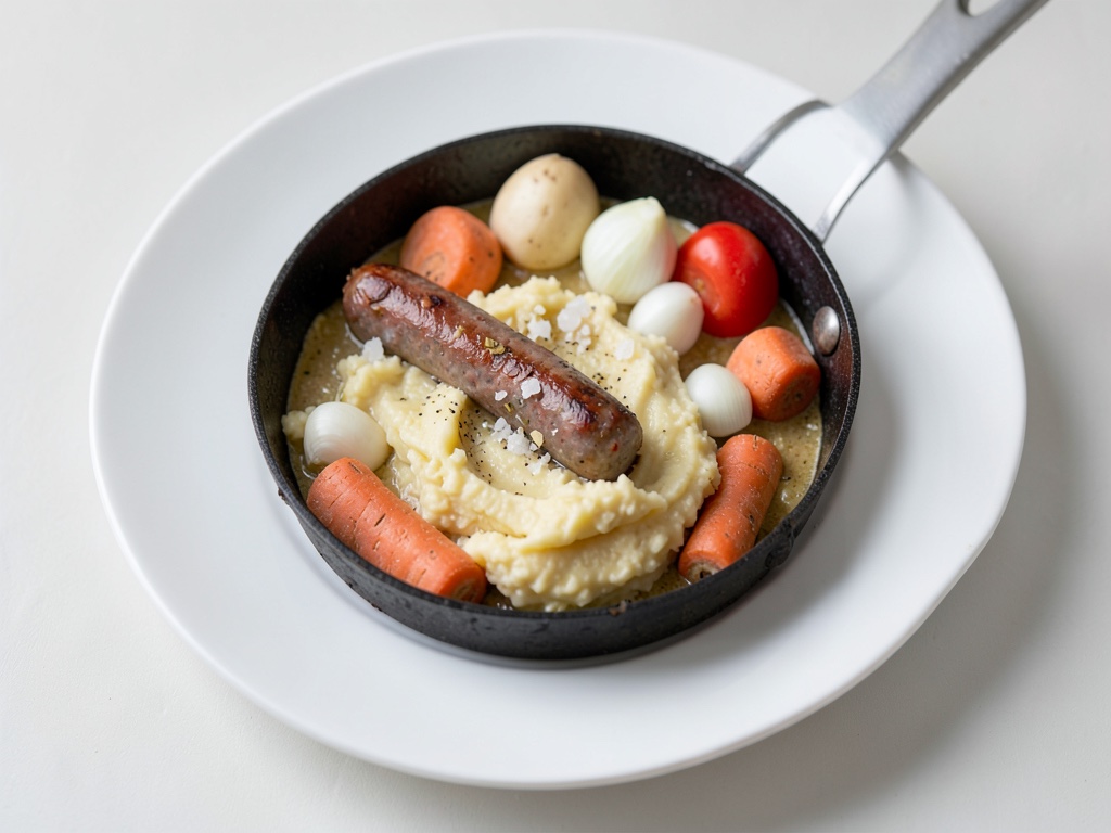 Poêle de saucisses et légumes avec purée de pommes de terre
