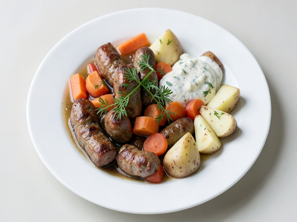 Cuñas de patata crujientes con sartén de salchichas y verduras y salsa de mostaza cremosa