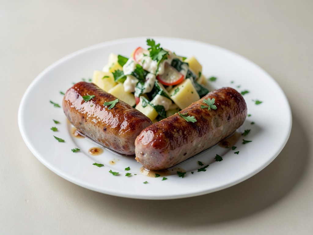 Hotdog de salchicha Bratwurst con ensalada de patatas