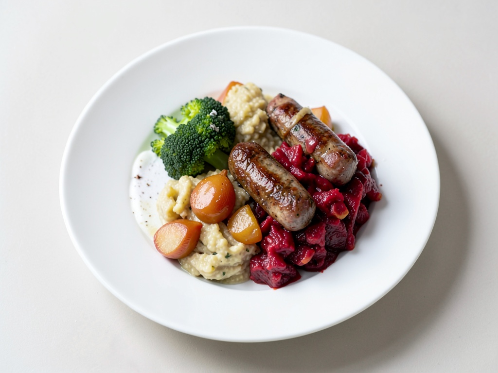 Saucisses grillées avec purée de chou-fleur et pommes crémeuse et choux rouges sucrés-acidés aux poires