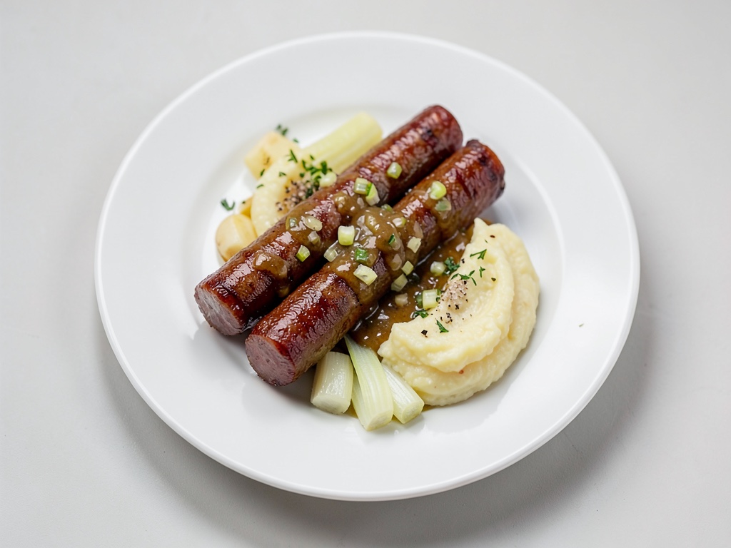 Knusprige Bratwürste mit cremiger Zwiebelsoße und fluffigem Kartoffelpüree