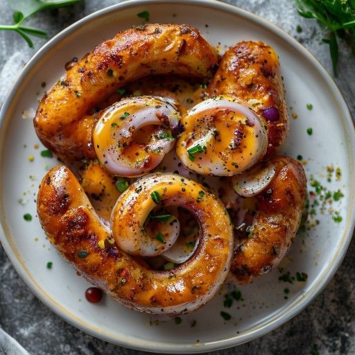 Sándwich crujiente de salchicha con cebollas caramelizadas con cerveza y crema de mostaza