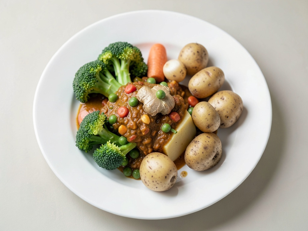Curry cremoso di broccoli, zenzero, patate e fagioli
