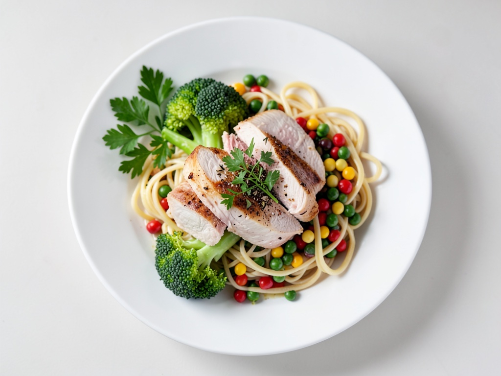 Hähnchen mit Nudeln, Brokkoli und Mais