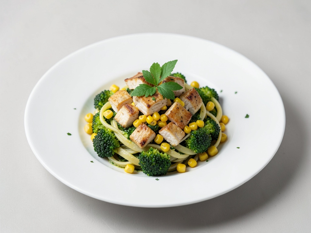 Vegane Brokkoli-Pasta mit Chicken-Style-Stücken und Mais