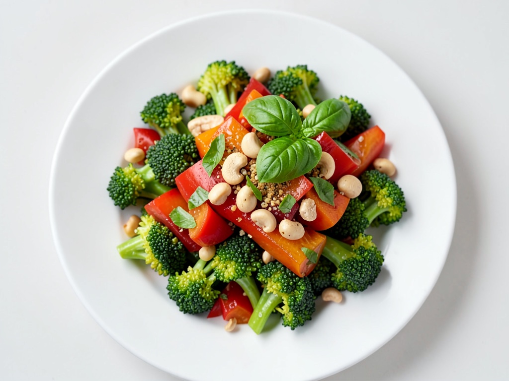 Brocoli au wok avec poivrons, noix de cajou et basilic frais