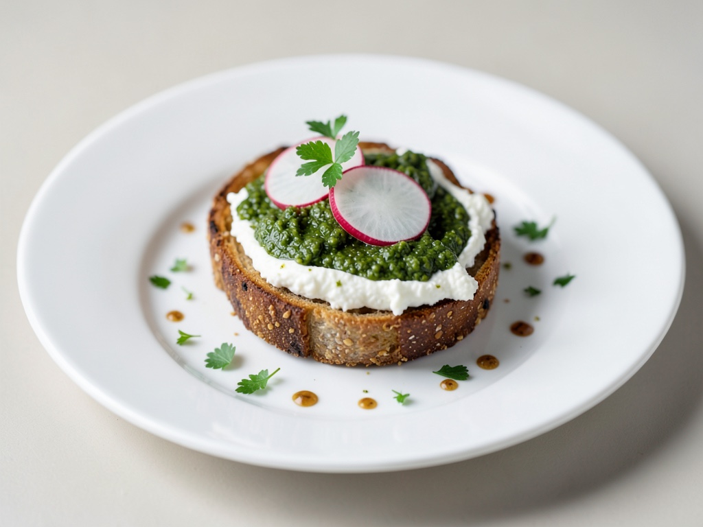 Tost crujiente con queso crema, pesto y rábanos