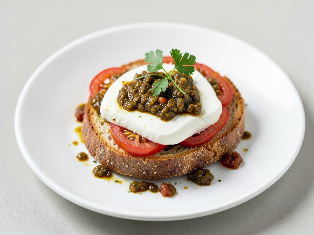 Sándwich abierto con queso crema, pesto rojo y tomates