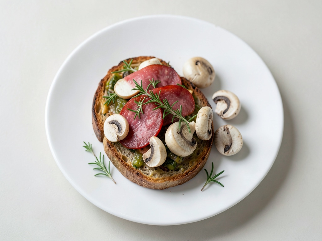 Bruschetta con funghi marinati e prosciutto di Serrano