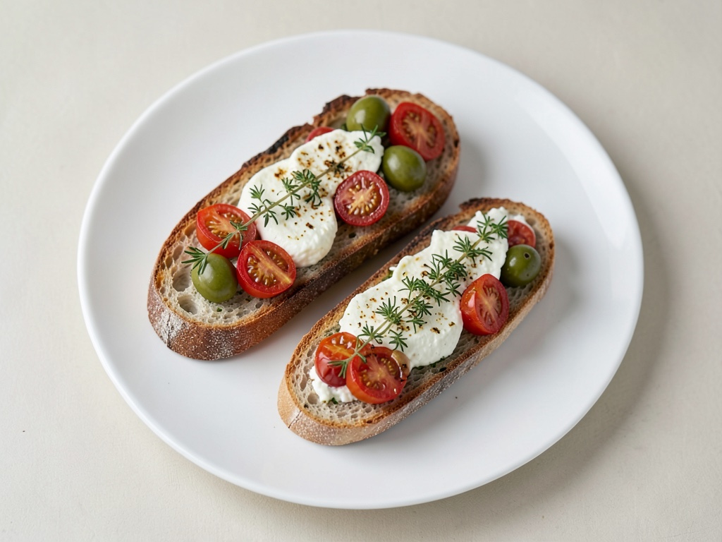 Burrata di bufala con pomodori tostati e olive su baguette alle noci