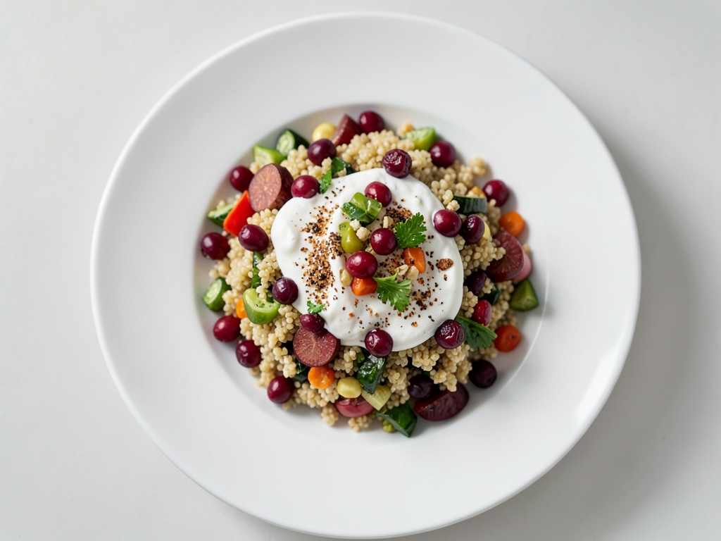 Pentola di couscous e verdure miste con salsa di frutto della passione e uvetta