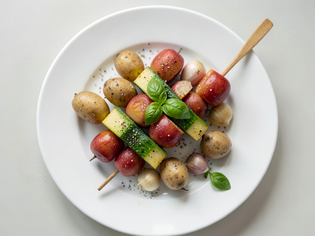Brochetas de verduras coloridas con albaricoques