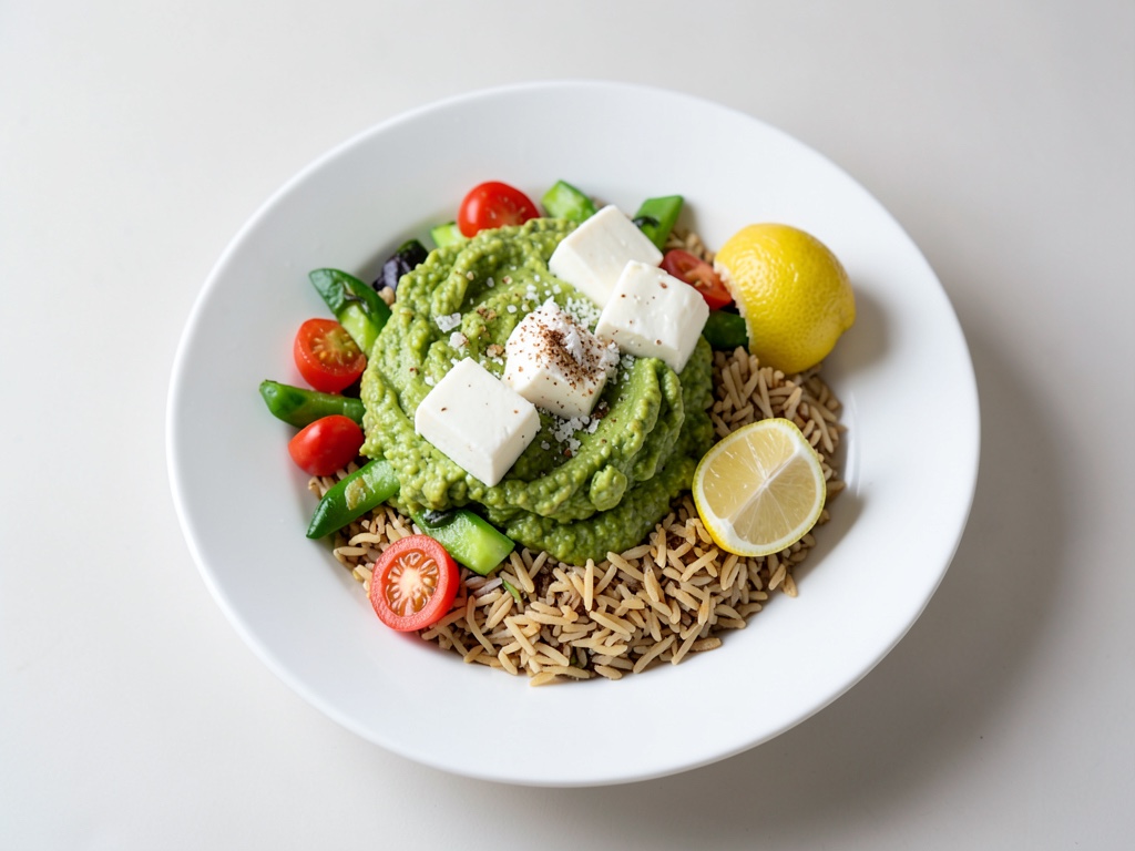 Bowl de légumes colorés à la guacamole, mozzarella et riz basmati