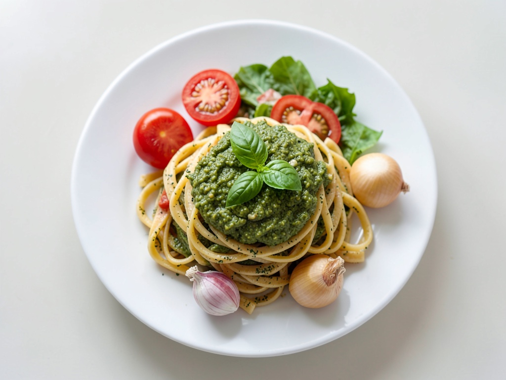 Bunte Pasta mit Basilikum-Pesto und Tomatensalat