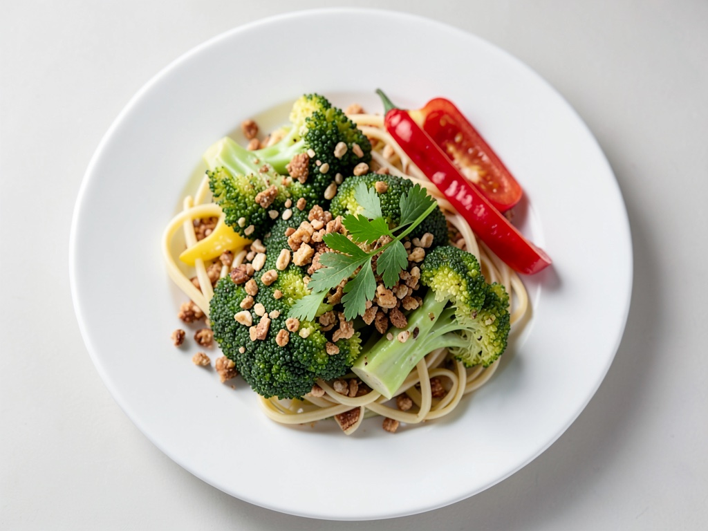 Broccolo fiorito colorato con salsicce e kritharaki al prezzemolo