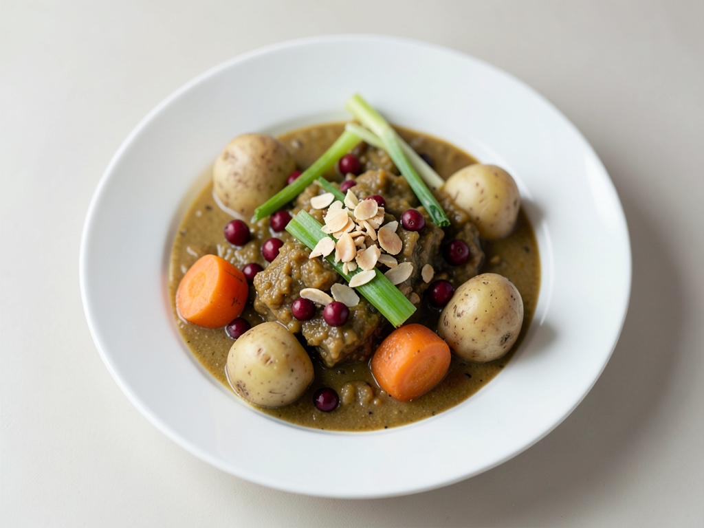 Ragù di verdure miste in salsa di cocco con topping di uvetta e mandorle