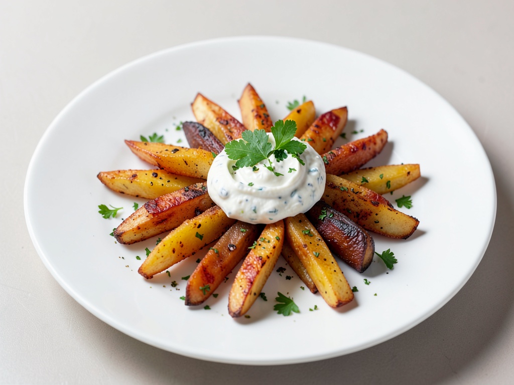 Bastoncini di patate al forno colorati con friggitrice ad aria calda e crema fresca di quark