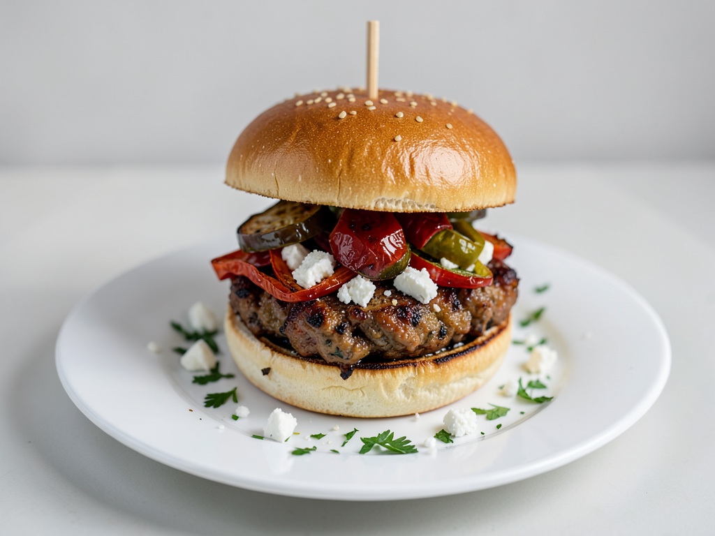 Hamburger Cevapcici con peperoni arrostiti e feta