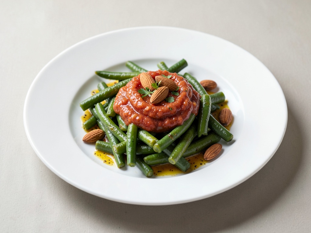 Fagiolini verdi con salsa di pomodori fatta in casa e mandorle tostate