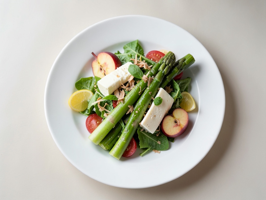 Insalata cremosa con asparagi, pesche e prosciutto