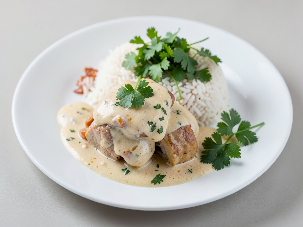 Pollo cremoso al burro con riso e nota fresca di coriandolo