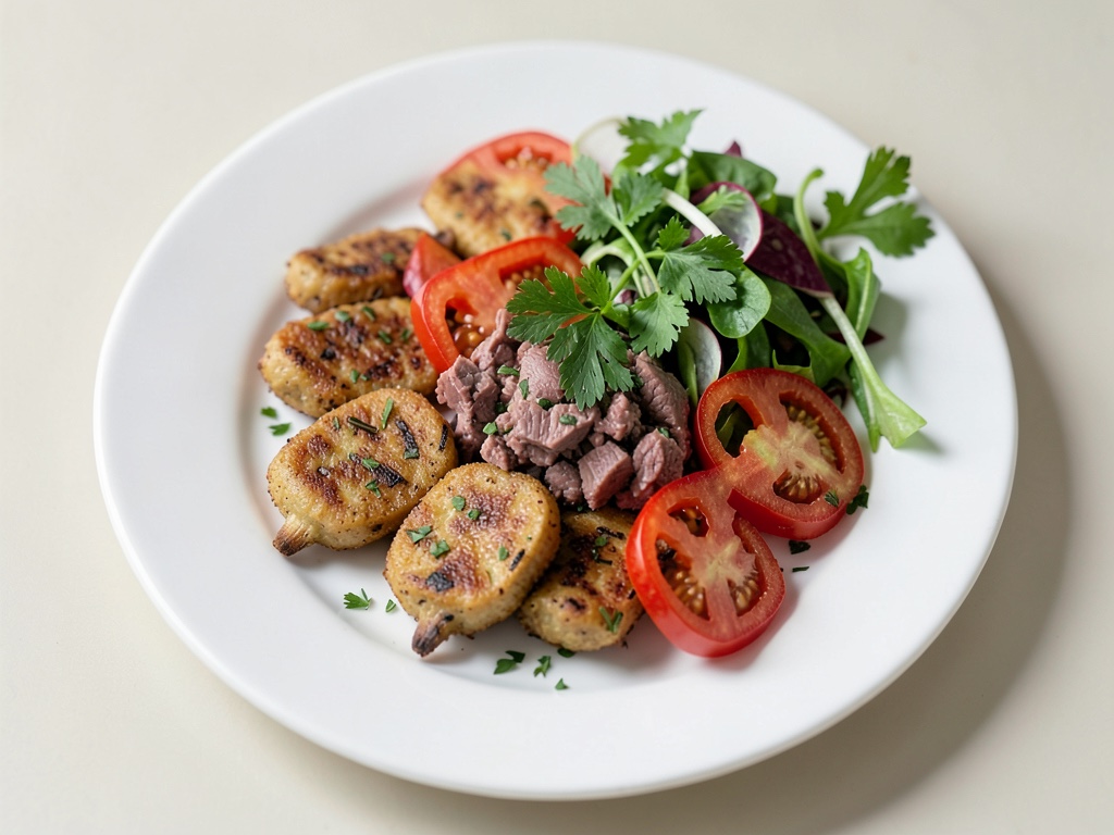 Spiedini di carne alla griglia con insalata greca fresca