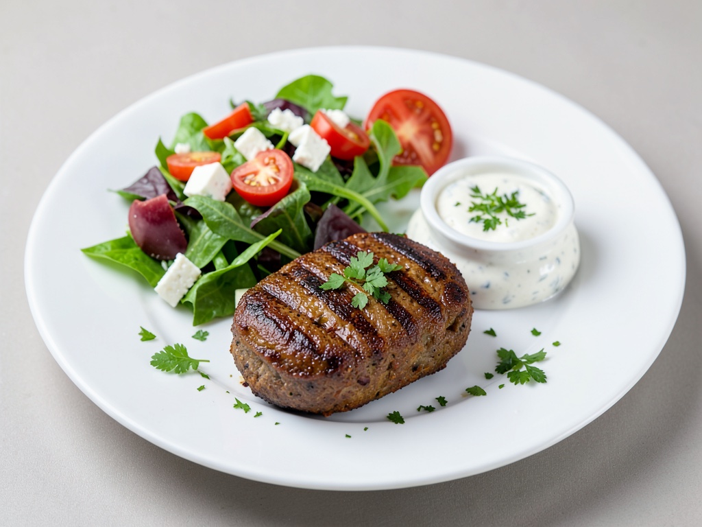 Cevapcici alla griglia con insalata greca fresca e crema di feta