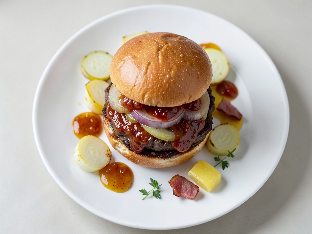 Burger chili avec oignons caramélisés et bacon croustillant