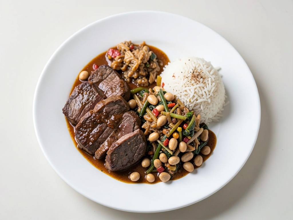 Chili-Ingwer-Rind mit asiatischem Gemüse, Reis und Erdnüssen
