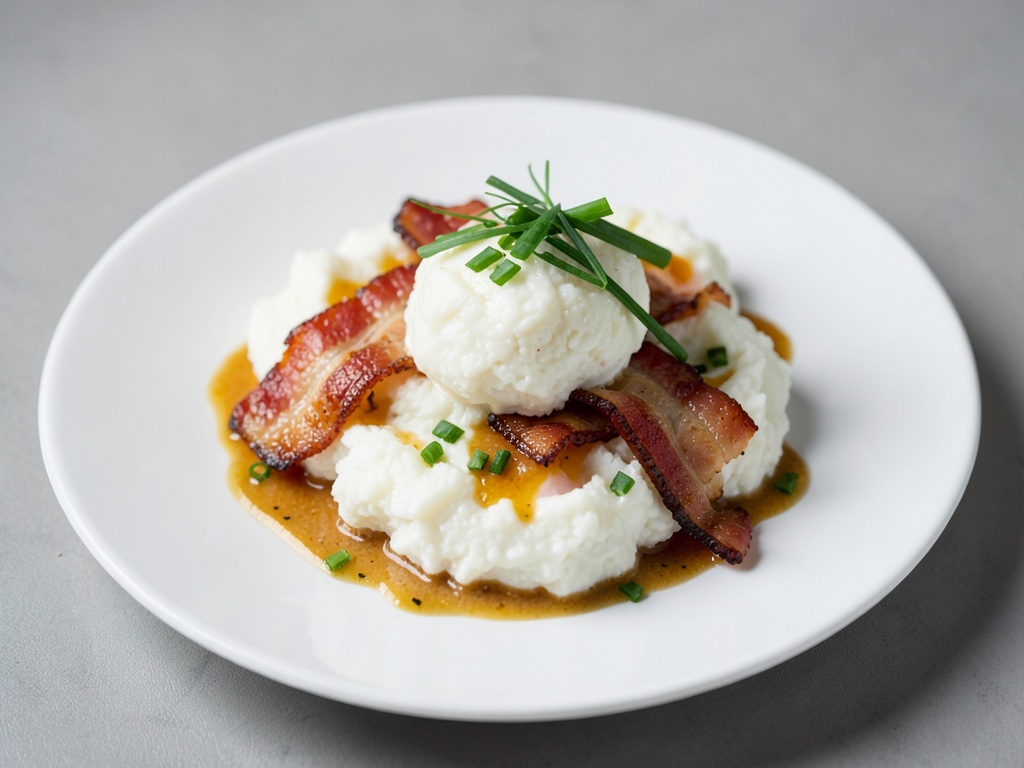 Huevos nube esponjosos con bacon crujiente y cebollino fresco