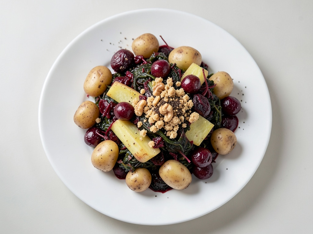 Cavolo rosso con mirtilli rossi, patate a ventaglio e croccante topping di uva e noci