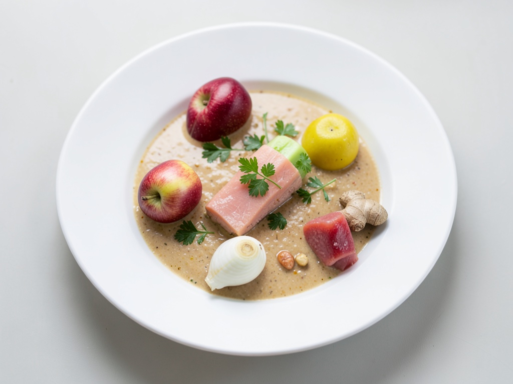 Sopa cremosa de apio y manzana con salmón ahumado