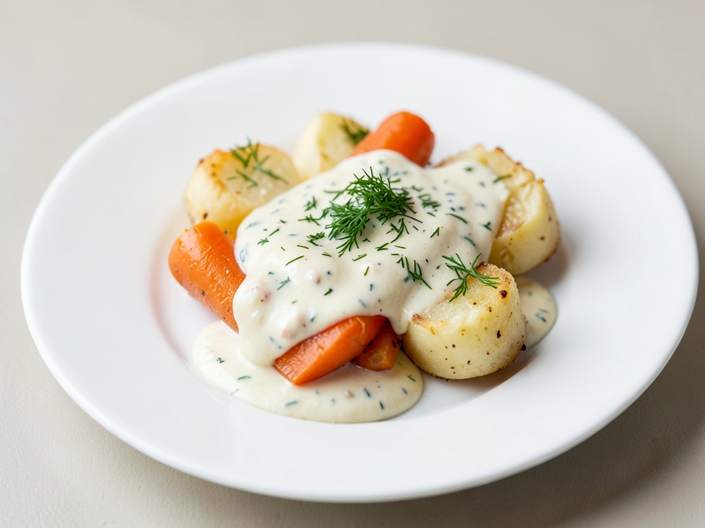 Carote cremose con salsa panna-aneto e piccole patate schiacciate