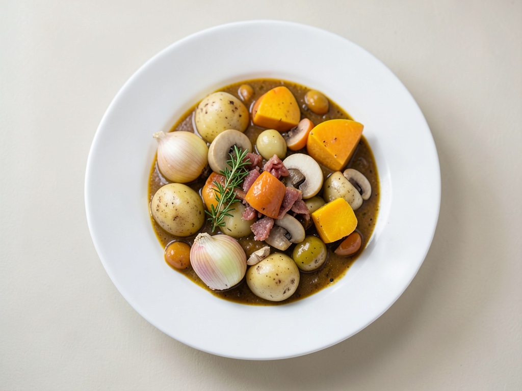 Sopa cremosa de patata y calabaza con champiñones y bacon