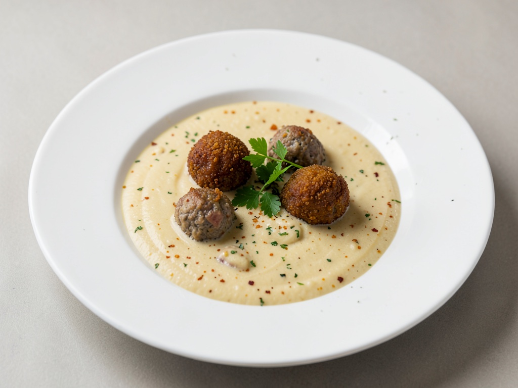 Sopa cremosa de patatas con albóndigas Vemondo fritas