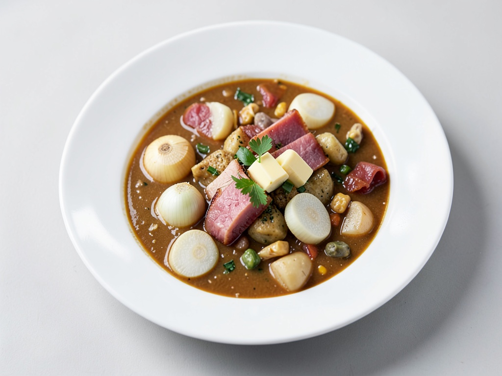 Sopa cremosa de patatas con chalotas al vino tinto y jamón crujiente