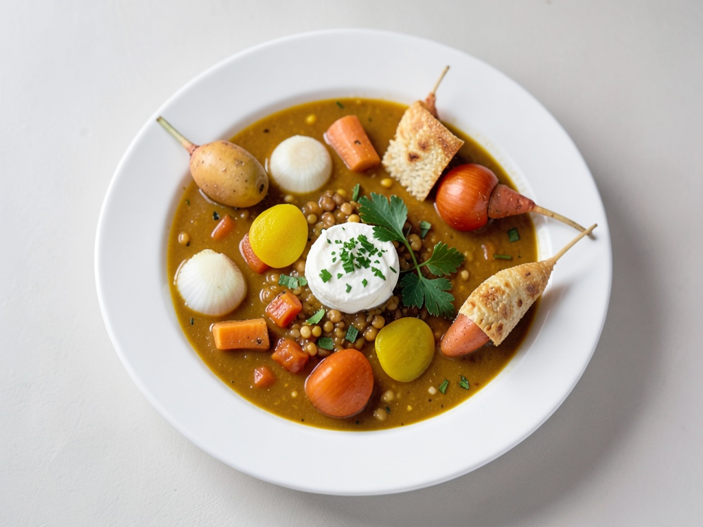 Sopa cremosa de calabaza y pera con brochetas de crepes y queso crema a las hierbas