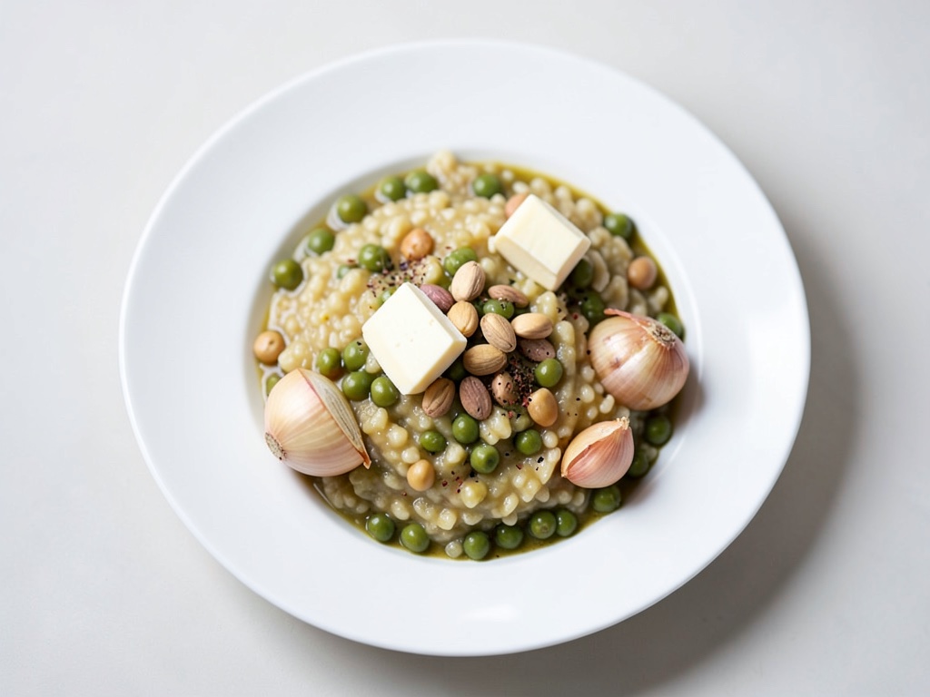 Risotto cremoso ai piselli e menta con pistacchi tostati