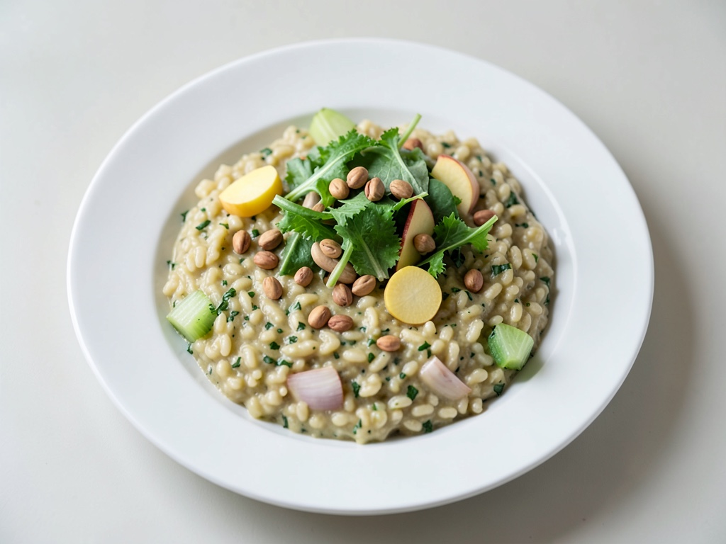 Risotto cremoso con spinaci e pastinache, con insalata di cavolo rapa e mela e pinoli