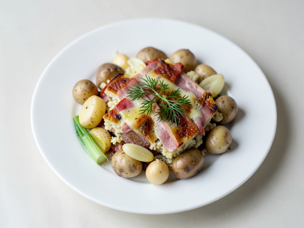 Gratin cremoso di patate e porro con prosciutto e erba cipollina